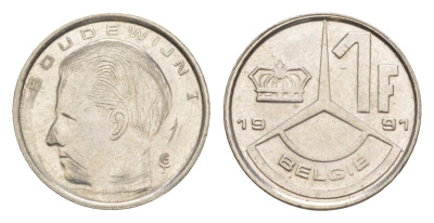 Бельгия 1 франк 1991 Belgie, Бодуэн I (1951-1993) KM 171 нержавеющая сталь 4632-559