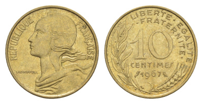 Франция 10 сантимов 1967 KM 929 алюминиевая брона 4647-1152