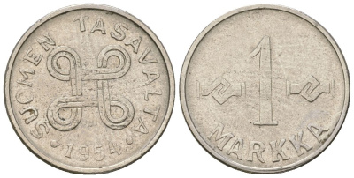 Финляндия 1 марка 1954 KM 36a сталь плакированная железом 4173-1113