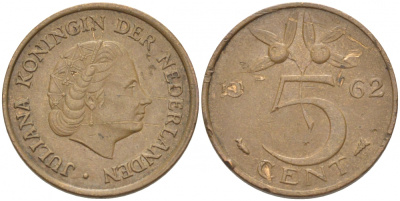 НИДЕРЛАНДЫ 5 ЦЕНТОВ 1962 ЮЛИАНА KM 181 бронза 214-816