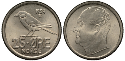 Норвегия 25 эре 1959 Улаф V (1958-1991), синица KM 407 медно-никель 100-1162