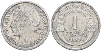 ФРАНЦИЯ 1 ФРАНК 1959 ТИП MORLON, LEGERE KM 885a.1, LE FRANC 221.23 алюминий 4546-1231