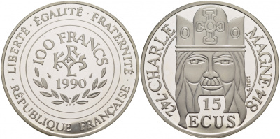 Франция 100 франков - 15 экю 1990 Карл I Великий (742-814) KM 989 серебро PROOF 00-000-00