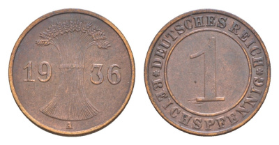 Германия 1 рейхспфенниг 1936 A KM 37, J. 313 бронза 4636-417