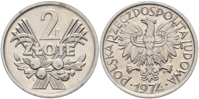 Польша 2 злотых 1974 MW, Народная Республика KM 46, Parchimowicz 216h алюминий 4526-433