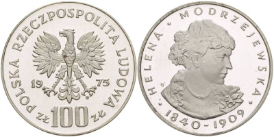Польша 100 злотых 1975 MW, Хелена Моджеевская (1840-1909), в оригинальной пластиковой упаковке KM 78, Parchimowicz 272 серебро PROOF 5-3-1-34