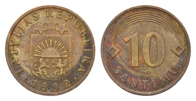 Латвия 10 сантимов 1992 KM 17 никель латунь 105-638