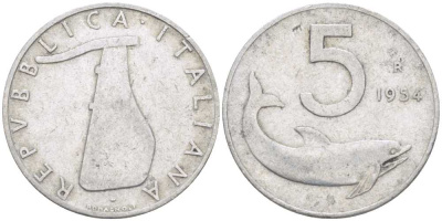 ИТАЛИЯ 5 ЛИР 1954 R, РУЛЬ, ДЕЛЬФИН KM 92 алюминий 175-121