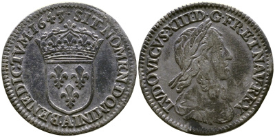 Франция 1/12 экю 1643 А, Людовик XIIII KM 140.1 серебро 603-1414