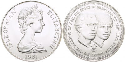 Остров Мэн 1 крона 1981 Королевская свадьба принца Чарльза и леди Дианы, портреты КМ 82a серебро UNC 1081-9-13