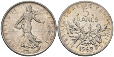 Франция 5 франков 1962 сеятель KM 926, Le Franc 340.6 серебро 4389-232
