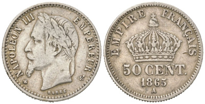 Франция 50 сантимов 1865 A, Наполеон III (1852-1870) KM 814.1 серебро 4617-747