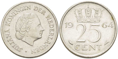 НИДЕРЛАНДЫ 25 ЦЕНТОВ 1964 ЮЛИАНА (1948-1980) KM 183 никель 214-939