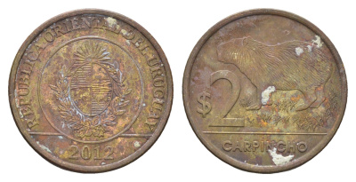 Уругвай 2 песо 2012 KM 136 сталь плакированная латунью 4663-342