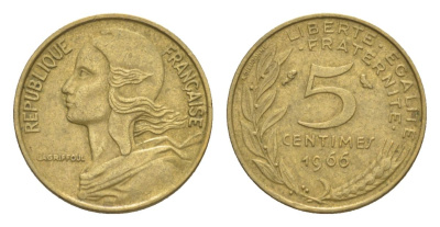 Франция 5 сантимов 1966 тип Morlon KM 933, Le Franc 125.2 алюминиевая бронза 4630-319