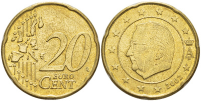 БЕЛЬГИЯ 20 ЕВРОЦЕНТОВ 2002 АЛЬБЕРТ II KM 228 латунь 4543-423