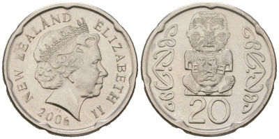 Новая Зеландия 20 центов 2006 Елизавета II (1952-2022), идол Пукаки KM 118a сталь плакированная никелем UNC 4621-164