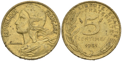 ФРАНЦИЯ 5 САНТИМОВ 1981 ТИП MORLON КМ 933, LE FRANC 125.17 медь алюминий никель 4564-1264
