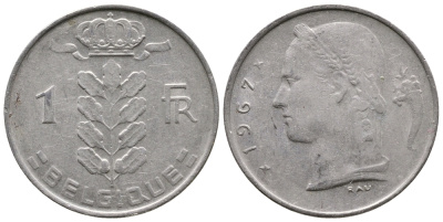 БЕЛЬГИЯ 1 ФРАНК 1967 BELGIQUE KM 142.1 медно-никель 4382-944