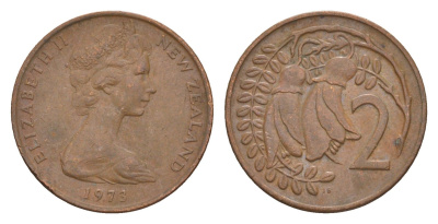 Новая Зеландия 2 цента 1973 Елизавета II (1952-2022), два цветка кохаи KM 32.1 бронза 4178-242