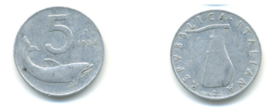 ИТАЛИЯ 5 ЛИР 1954 R, РУЛЬ, ДЕЛЬФИН KM 92 алюминий 86-942