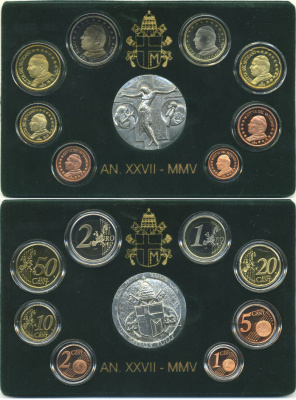 Ватикан евронабор из 8 монет + серебряная медаль 2005 Папа Иоанн Павел II, в оригинальной коробке, с сертификатом KM PS 18 биметалл PROOF 5-4-6-09