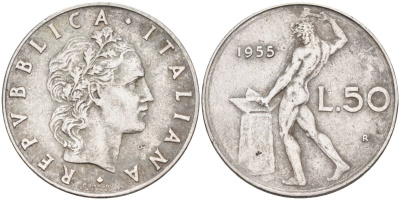 Италия 50 лир 1955 R, бог огня Вулкан у наковальни KM 95.1 нержавеющая сталь 4538-531