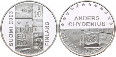 Финляндия 10 евро 2003 200 лет со дня смерти Андерса Чудениуса KM 110 серебро PROOF 11-162-24