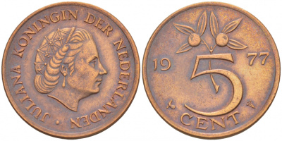 Нидерланды 5 центов 1977 Юлиана (1948-1980) KM 181 бронза 3856-1044