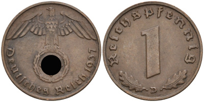 Германия 1 рейхспфенниг 1937 D KM 89, J 361 бронза 4392-1031