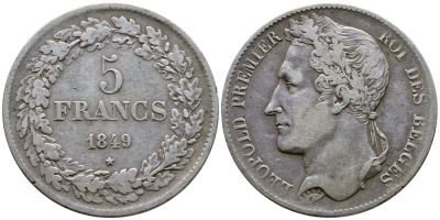 Бельгия 5 франков 1849 Леопольд I (1831-1865), в венке KM 3.2 серебро 74-1023