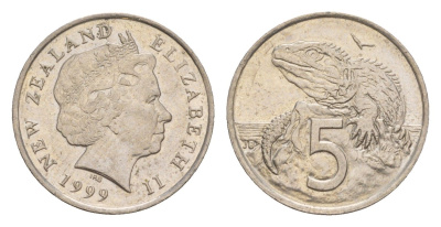 Новая Зеландия 5 центов 1999 Елизавета II (1952-2022), ящерица гаттерия KM 116 медно-никель 4594-1226