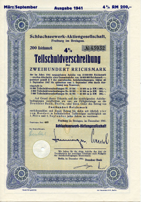 Германия 200 рейхсмарок 1941 АО Schluchseewerk (оператор 5 ГЭС), Фрайбург-им-Брайсгау, 4% -ное частичное обязательство   бумага   8804-77-1