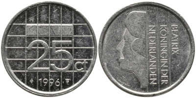 НИДЕРЛАНДЫ 25 ЦЕНТОВ 1996 БЕАТРИКС KM 204 никель 96-1264