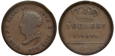 Неаполь и Сицилия 5 торнеси 1819 Фердинандо I KM 121 a медь 1521-244