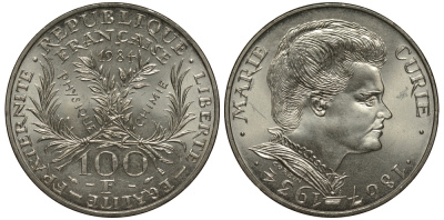 Франция 100 франков 1984 50 лет со дня смерти Марии Кюри KM 955 серебро UNC 413-2942