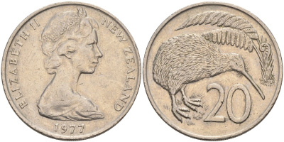 Новая Зеландия 20 центов 1977 Елизавета II (1952-), птичка киви KM 36 медно-никель 4131-1134