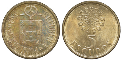 Португалия 5 эскудо 1986 KM 632 никель латунь 4142-1123