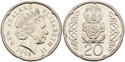 Новая Зеландия 20 центов 2008 Елизавета II (1952-2022), идол Пукаки KM 118а никелированная сталь 4579-1224