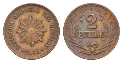 Уругвай 2 сентесимо 1945 KM 20a медь цинк 4649-754