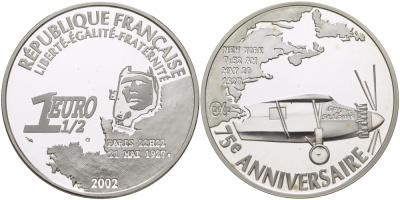 Франция 1 1/2 евро 2002 75 лет перелету Линдберга, Париж - Нью-Йорк, 20 мая 1927 года, самолет KM 1310 серебро PROOF 11-112-11