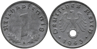 ГЕРМАНИЯ 1 РЕЙХСПФЕННИГ 1943 A KM 97, J.369 цинк 96-765