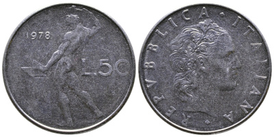 ИТАЛИЯ 50 ЛИР 1978 R, БОГ ОГНЯ ВУЛКАН У НАКОВАЛЬНИ KM 95.1 нержавеющая сталь 3333-822