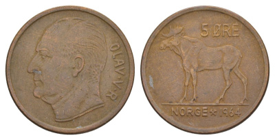Норвегия 5 эре 1964 Улаф V (1957-1991) KM 405 бронза 4635-611