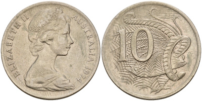 Австралия 10 центов 1974 Елизавета II (1952-), птица лирахвост KM 65 медно-никель    4187-411