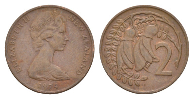Новая Зеландия 2 цента 1974 Елизавета II (1952-2022), два цветка кохаи KM 32.1 бронза 4178-314