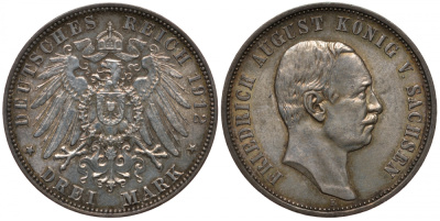 Саксония 3 марки 1912 E, Фридрих Август III (1904-1918) Weege 132, J. 135, KM 1267 серебро 00-1067-1-53
