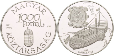 Венгрия 1000 форинтов 1995 старый дунайский корабль "HABLEANY" KM 714 серебро PROOF 1081-6-32