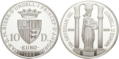 Андорра 10 динеров 1999 50 лет совету Европы, статуя прав человека KM 154 серебро PROOF 11-252-23