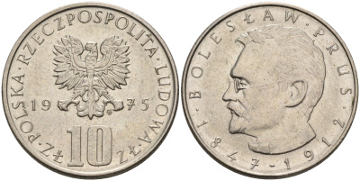 Польша 10 злотых 1975 MW, Болеслав Прус KM 73, Parchimowicz 242a медно-никель    4150-517